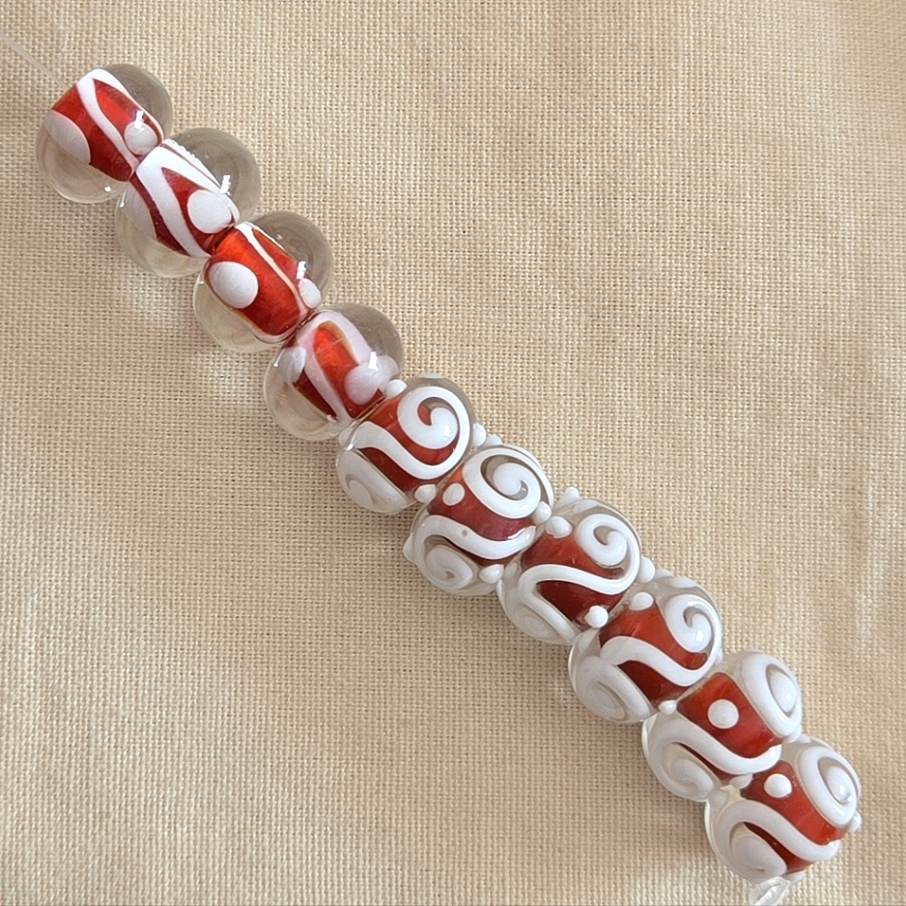 10 Red and White Lampwork Beads